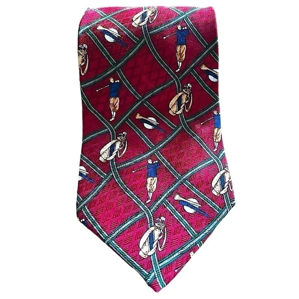 Men's Burgundy Red Wine Golf Printed Tie Business Casual Golfer Necktie Standard